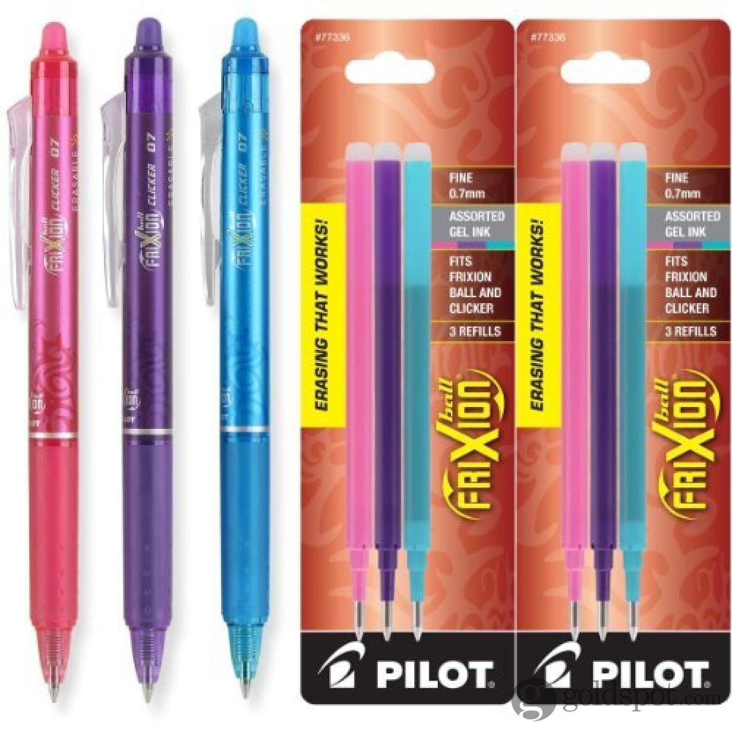 Pilot FriXion Clicker Retractable Erasable Gel Ink Pens, Fine Point, 0.7mm, Assorted Fashion Ink, Pack of 3 with Bonus 2 Packs of Refills